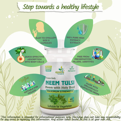 Ayushya Neem Tulsi Capsules Skin Clarity & Immune Wellness Support - Vegan, Gluten Free, Non-GMO, 60 Capsules