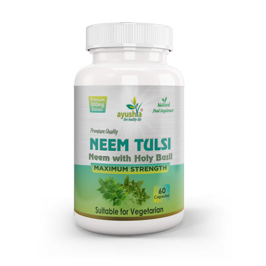 Ayushya Neem Tulsi Capsules Skin Clarity & Immune Wellness Support - Vegan, Gluten Free, Non-GMO, 60 Capsules
