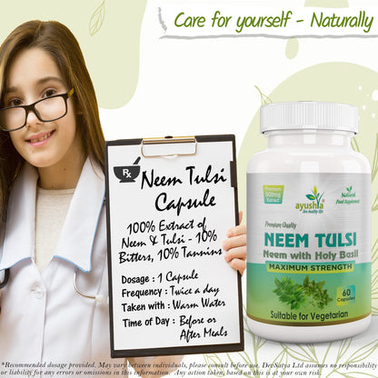 Ayushya Neem Tulsi Capsules Skin Clarity & Immune Wellness Support - Vegan, Gluten Free, Non-GMO, 60 Capsules