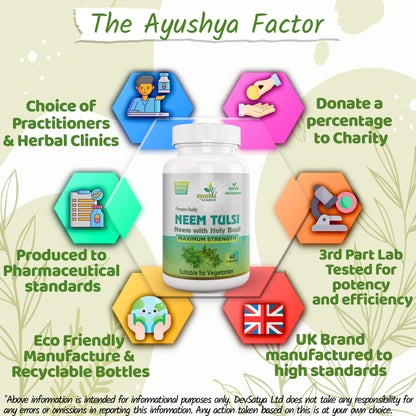Ayushya Neem Tulsi Capsules Skin Clarity & Immune Wellness Support - Vegan, Gluten Free, Non-GMO, 60 Capsules