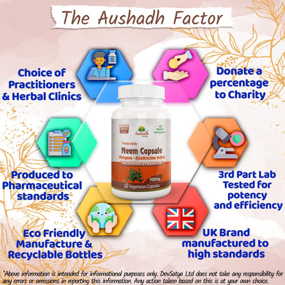 Aushadh Neem Capsules (Margosa) Skin & Immune Wellness Support - Vegan, Gluten Free, Non-GMO, 60 Capsules