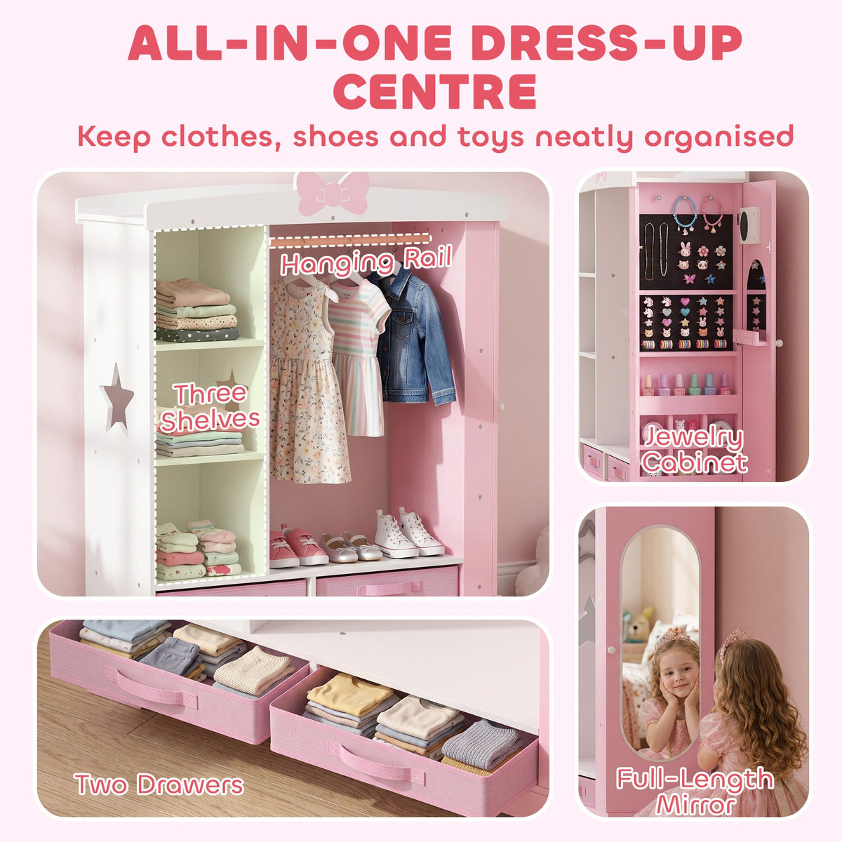 AIYAPLAY Kids Wardrobe with Lighted Mirror, Clothes Rail, Jewelry Cabinet, Shelves, Storage Boxes for Bedroom, Nursery, Pink