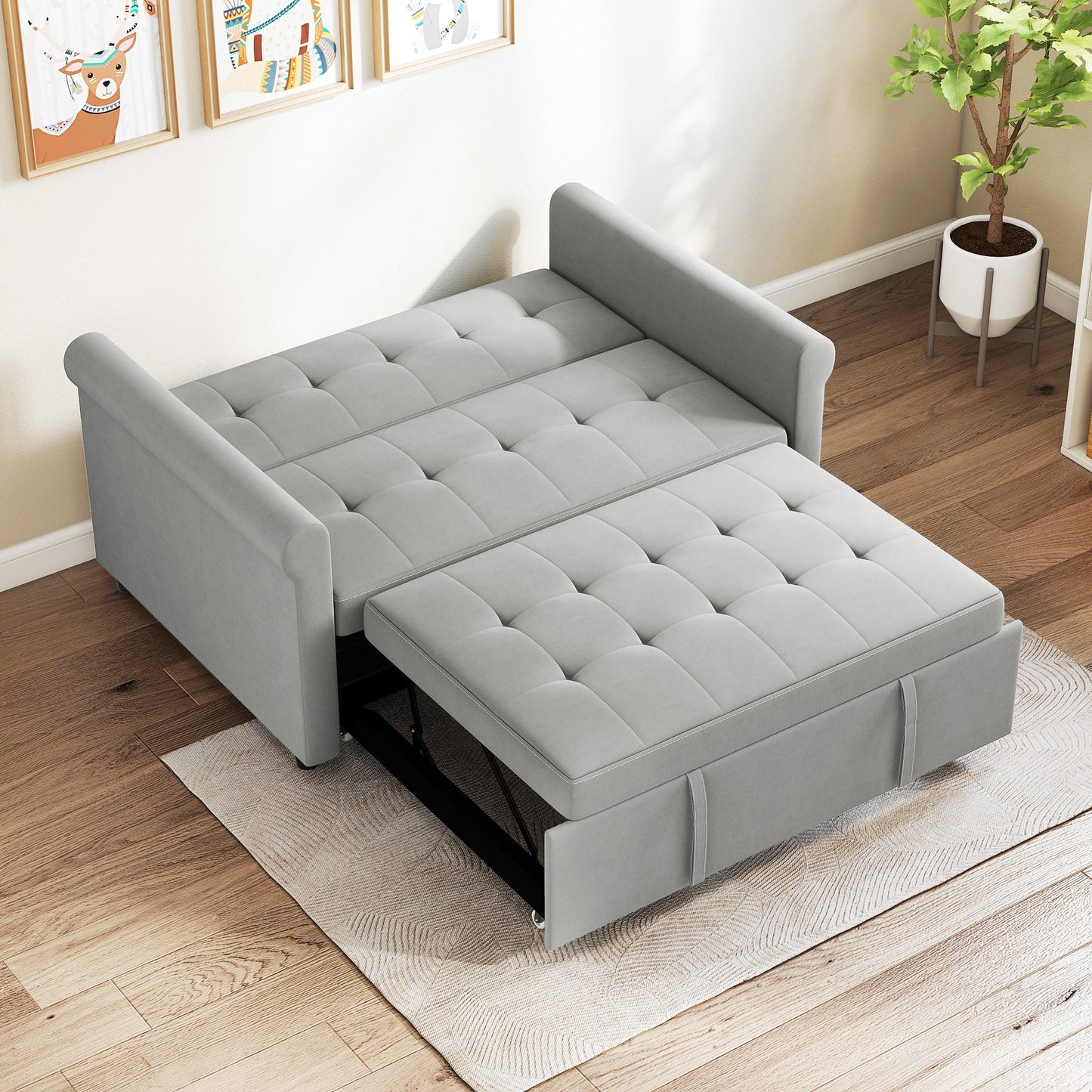 HOMCOM Two-Seater Velvet-Feel Sofa Bed - Grey