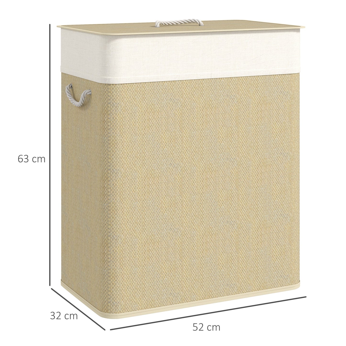 HOMCOM Double Laundry Basket with Lid, 100L Bamboo Laundry Hamper with Rope Handles, Washing Basket with Removable Liner for Bathroom, Bedroom, Cream White