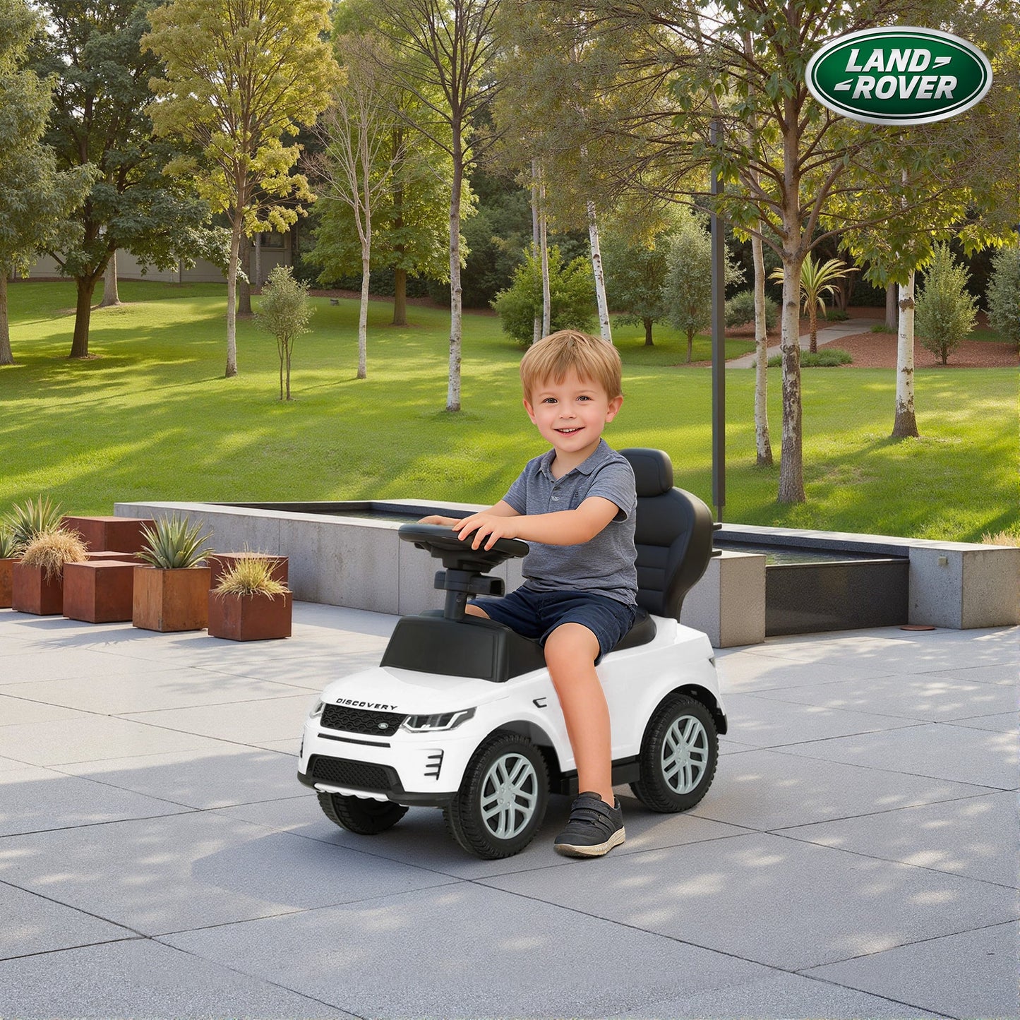 AIYAPLAY Land Rover Discovery Licensed Baby Push Car, 2-in-1 Ride on Car with Push Handle and Safety Guardrail, White