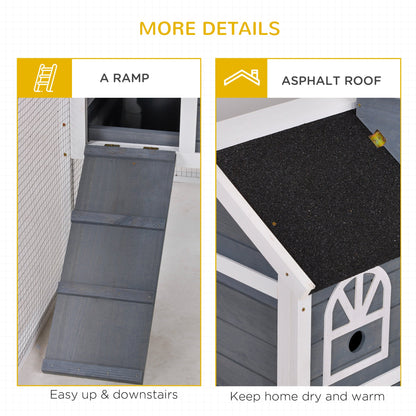 PawHut Wooden Rabbit Hutch and Run with Sliding Tray, Ramp, Water-resistant Roof, for 2-4 Rabbits, Grey