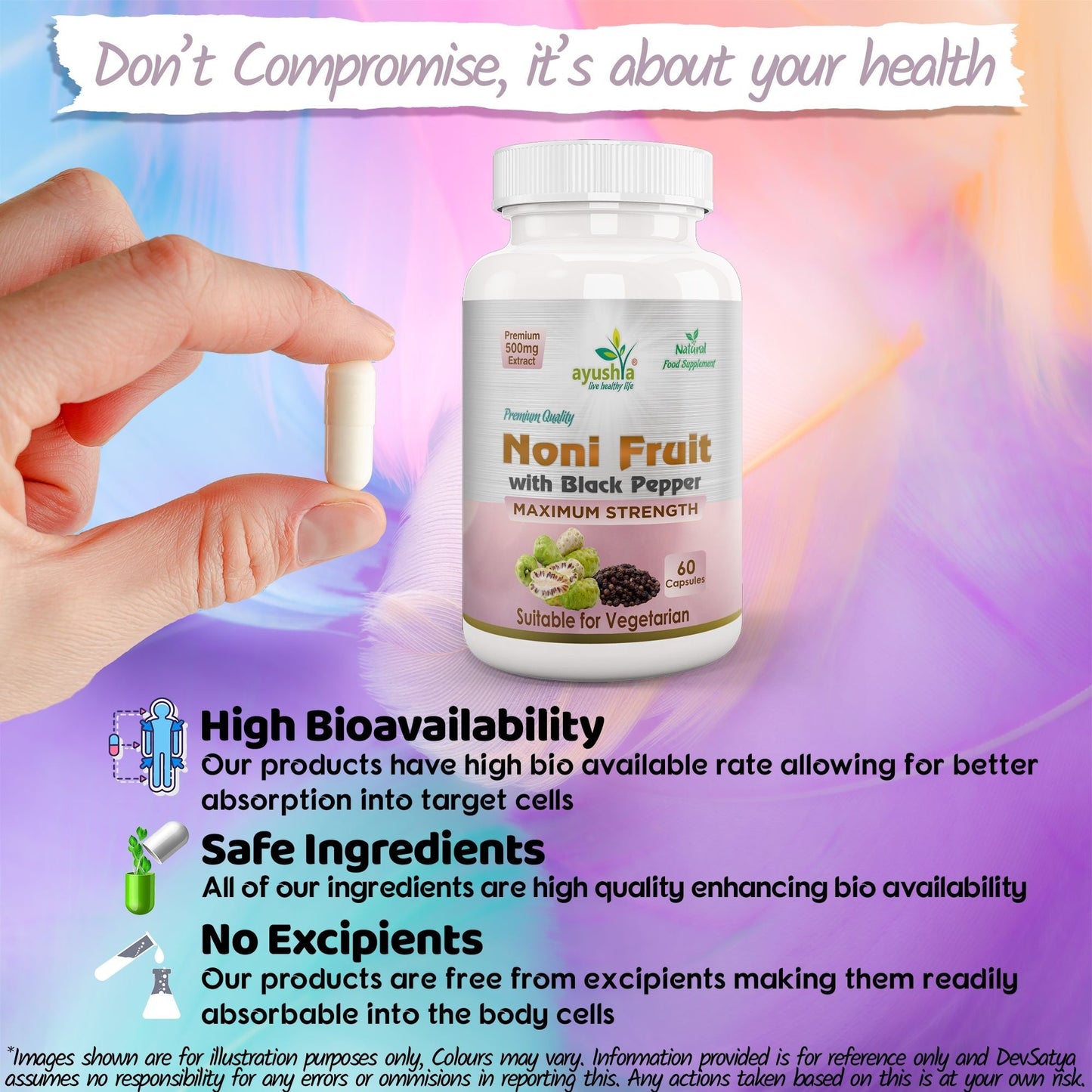 Ayushya Noni with Black Pepper Capsules (Indian Mulberry) Immune Wellness & Antioxidant Support - Vegan, Gluten Free, Non-GMO, 60 Capsules