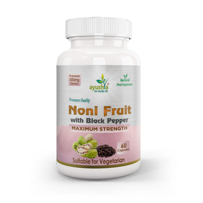 Ayushya Noni with Black Pepper Capsules (Indian Mulberry) Immune Wellness & Antioxidant Support - Vegan, Gluten Free, Non-GMO, 60 Capsules