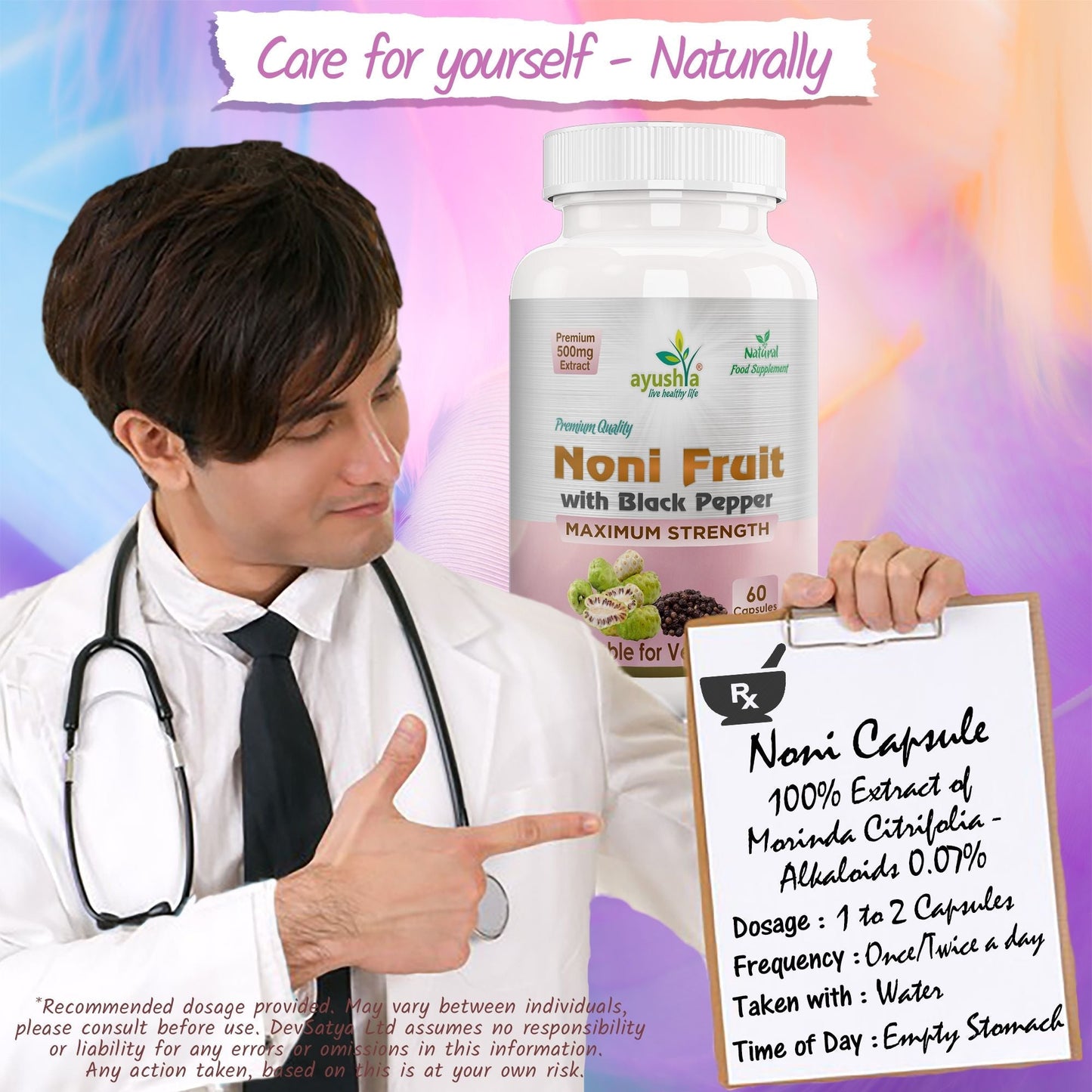 Ayushya Noni with Black Pepper Capsules (Indian Mulberry) Immune Wellness & Antioxidant Support - Vegan, Gluten Free, Non-GMO, 60 Capsules