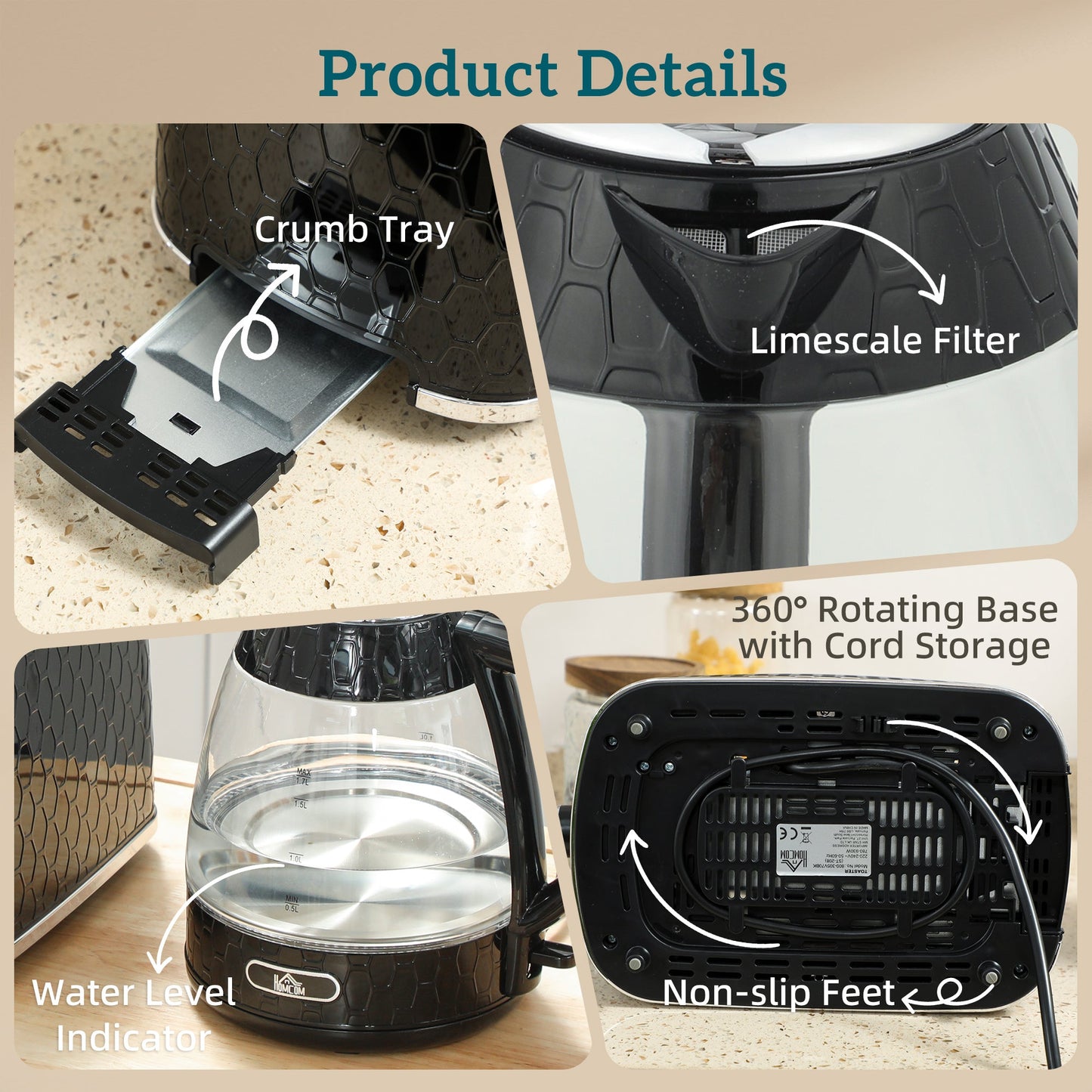 HOMCOM Kettle and Toaster Set, 1.7L 3000W Rapid Kettle with Limescale Filter, 2 Slice Toaster with 7 Browning Controls, Black