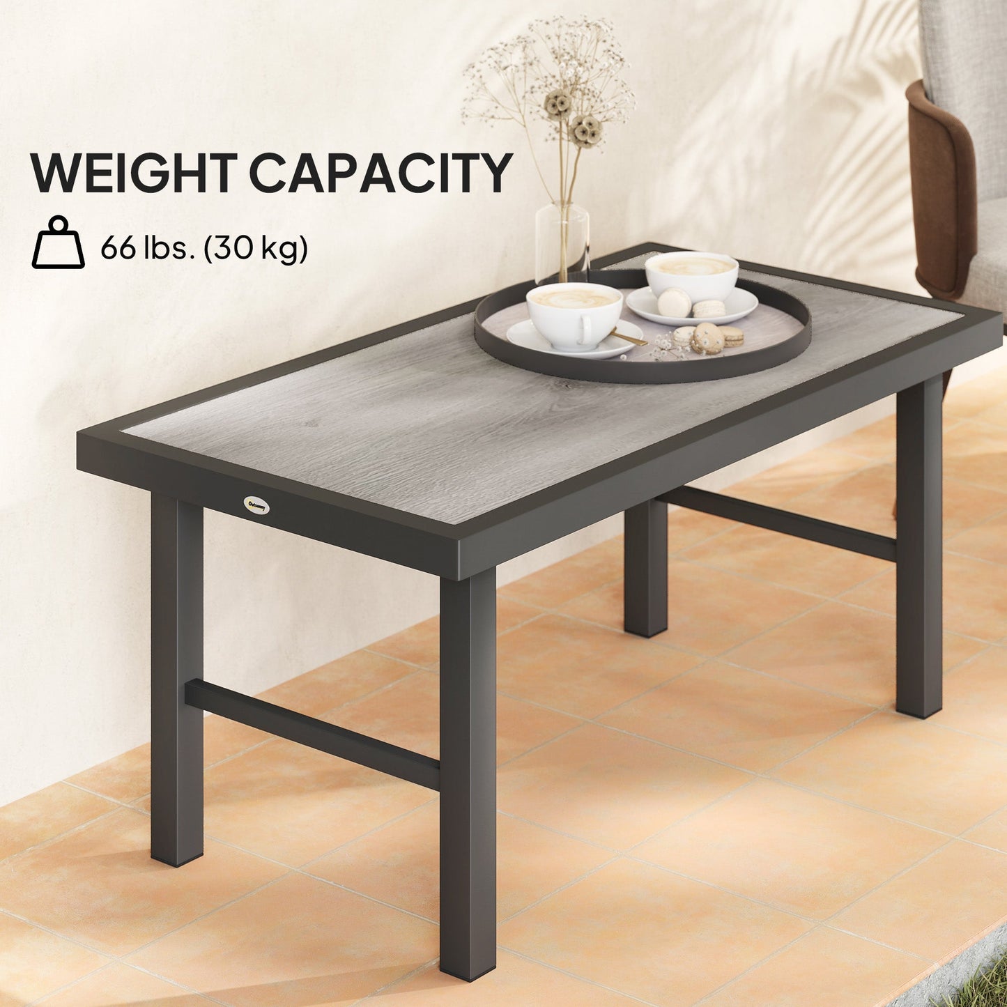 Outsunny Metal Garden Coffee Table, Outdoor Side Table with SPC Woodgrain Tabletop for Outside, Garden, Balcony, Porch, 100 x 53 x 46cm, Grey Wood Effect