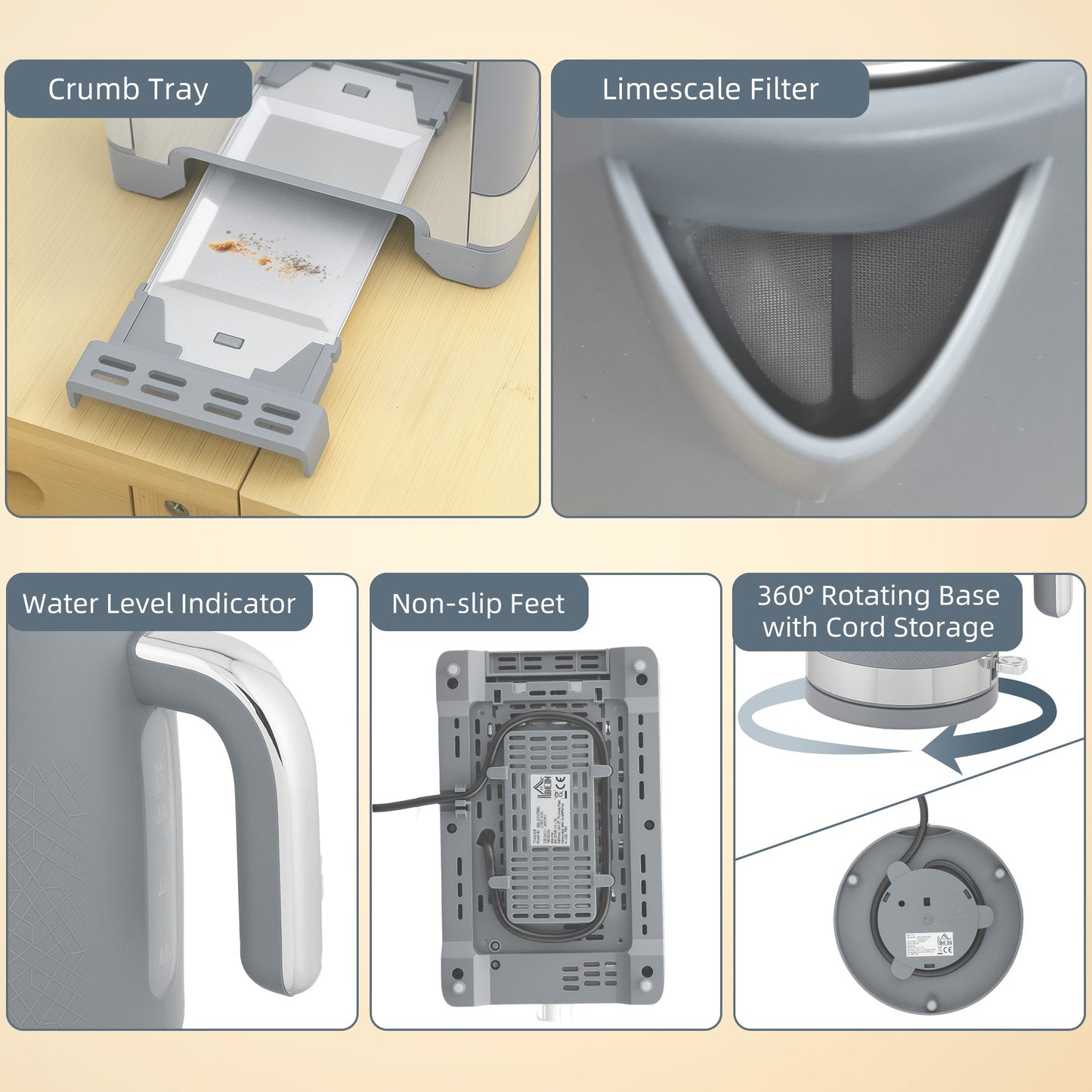 HOMCOM Sleek Textured Kettle and Toaster Set - Grey