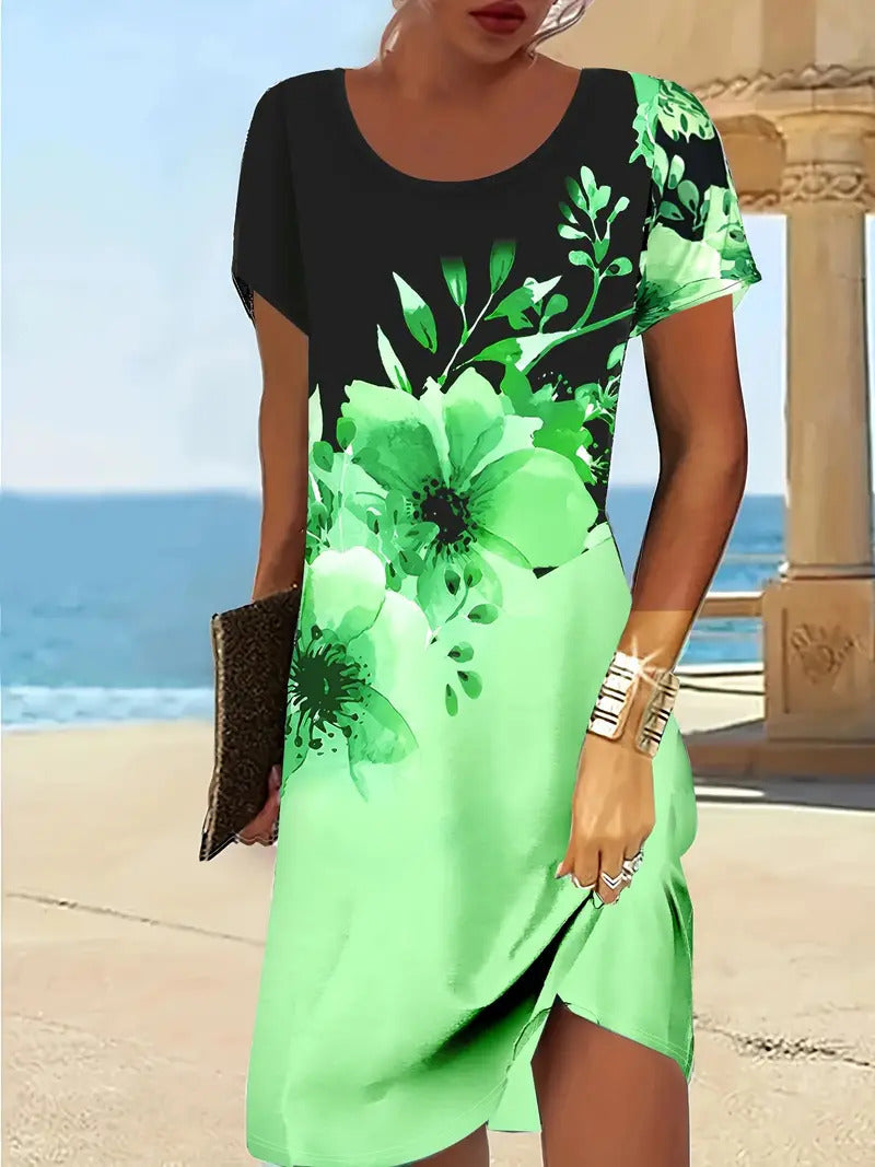 Trendy Design Print Colorful Round Neck Dress Women