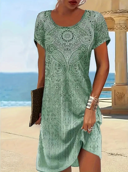 Trendy Design Print Colorful Round Neck Dress Women