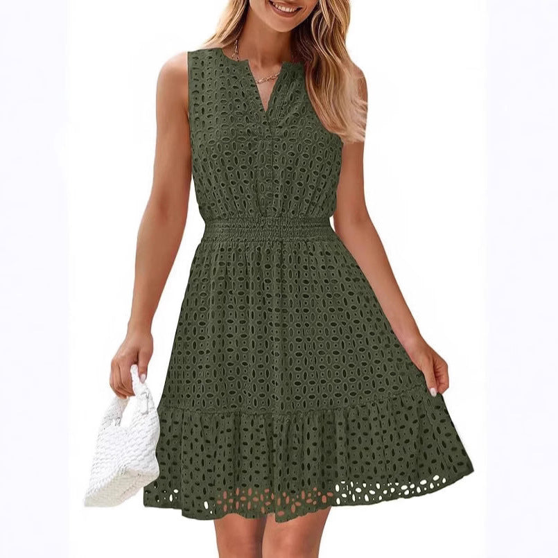 Women's Sleeveless One-piece Dress V-neck Hollow Out