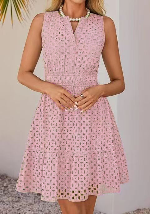 Women's Sleeveless One-piece Dress V-neck Hollow Out