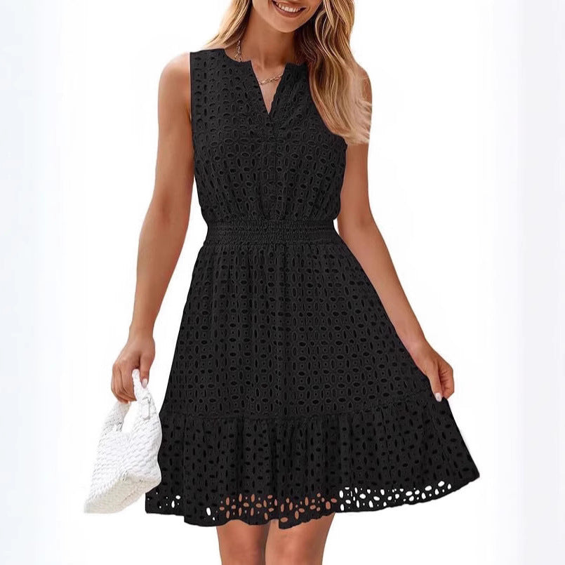 Women's Sleeveless One-piece Dress V-neck Hollow Out