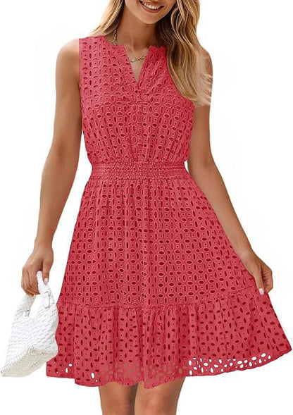 Women's Sleeveless One-piece Dress V-neck Hollow Out