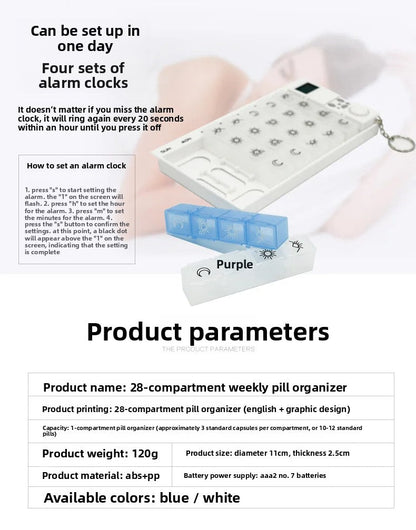 Intelligent Timed Reminder Medicine Box 28 Compartment Weekly Smart Pill Box with Sound Alarm for Elderly Medicine Reminder