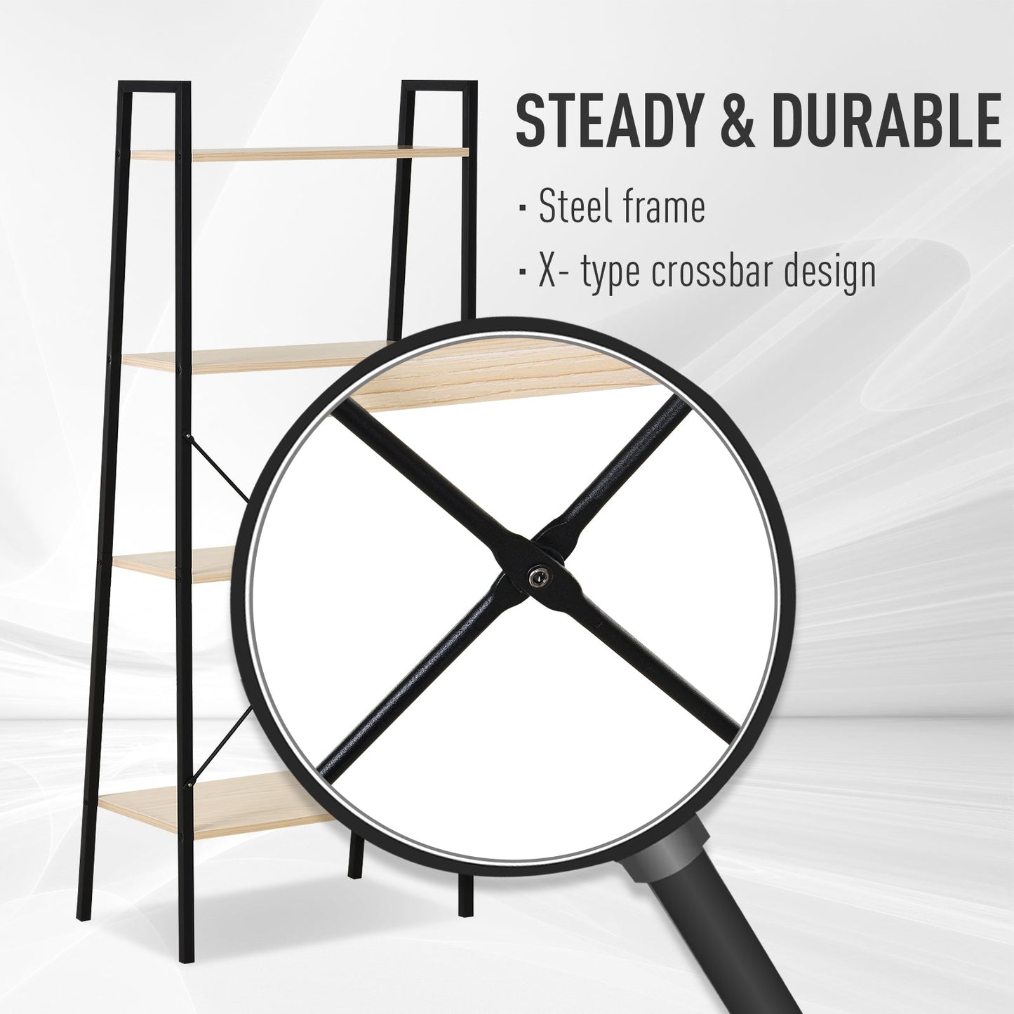 HOMCOM Bookcase 4-Tier Vintage Ladder Shelf with Wood Storage Rack, Stand Plants Display, Black and Natural