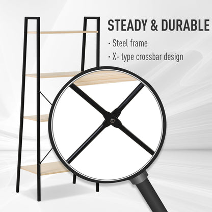 HOMCOM Bookcase 4-Tier Vintage Ladder Shelf with Wood Storage Rack, Stand Plants Display, Black and Natural
