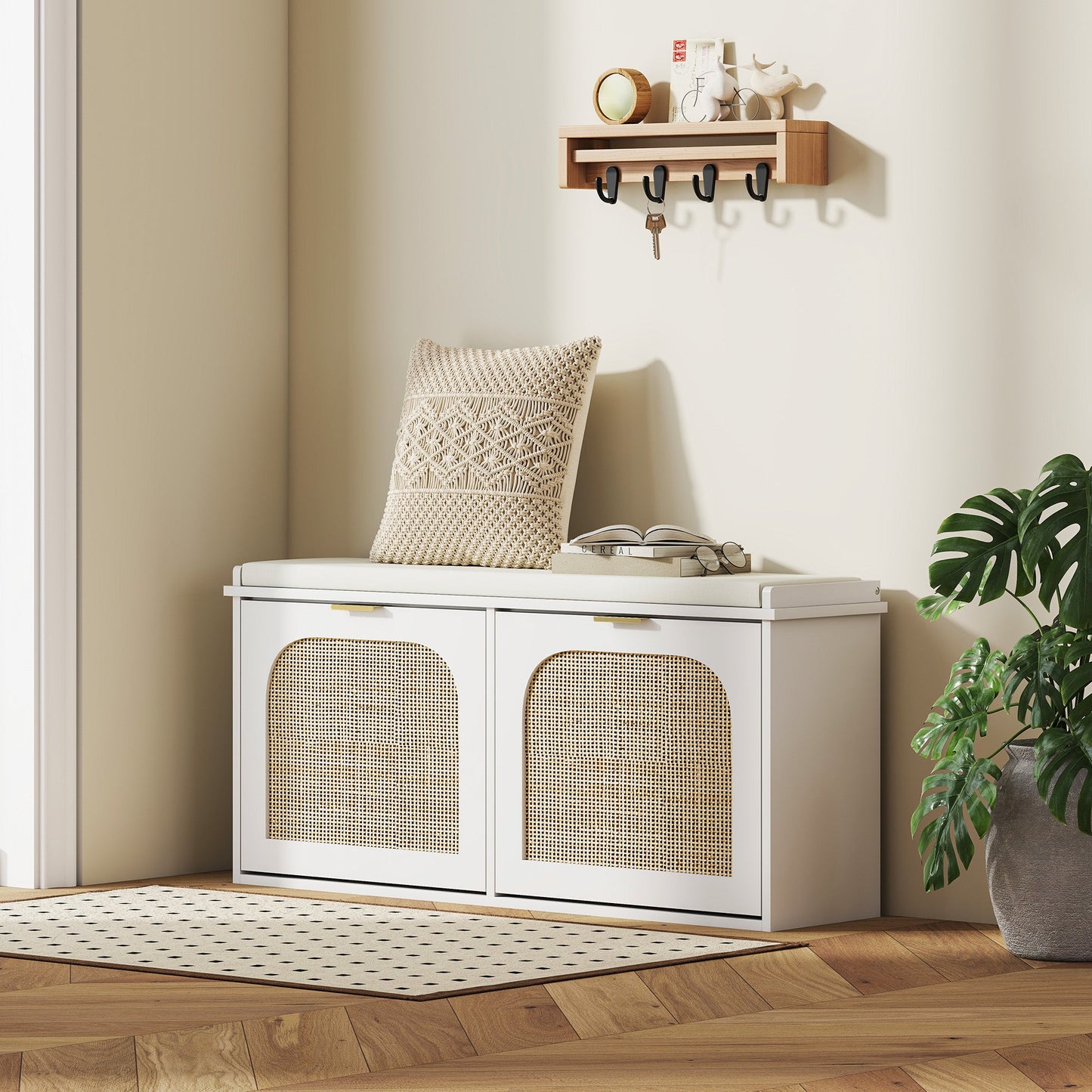 HOMCOM Boho Shoe Bench with Padded Seat and 2 Flip-Drawers - White