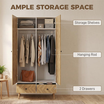 HOMCOM Cabinet Wood-Effect Sticker Surface, Modern Wardrobe with 2 Hanging Rods, 2 Storage Shelves and 2 Drawers, White