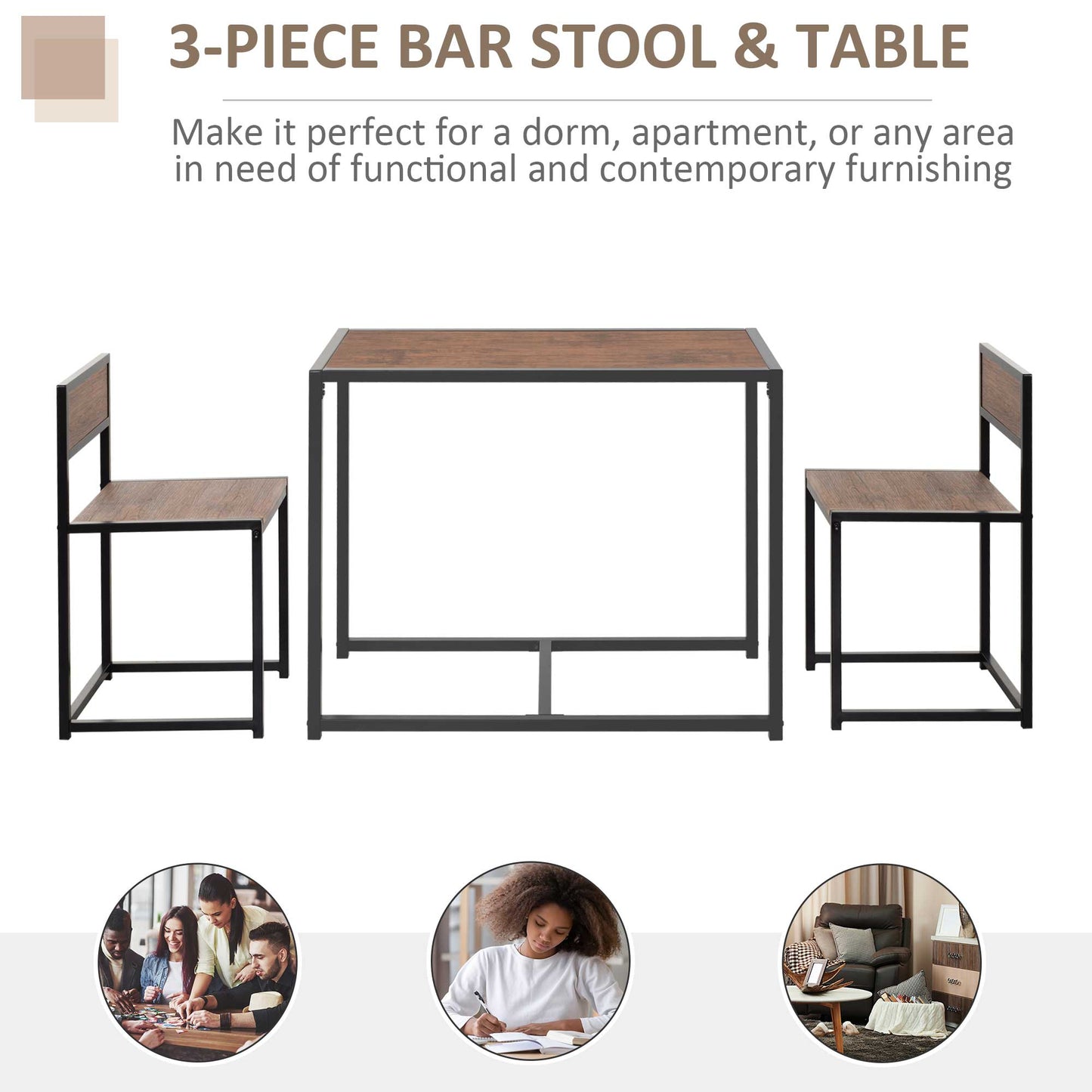 HOMCOM Dining Table and Chairs Set 2, Dining Room Sets, Rectangular Space Saving Table and 2 Chairs for Compact Kitchens, Steel Frame, Natural