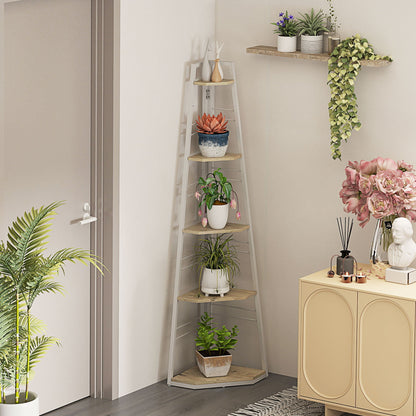 HOMCOM Five-Tier Corner Shelf - White/Wood-Effect