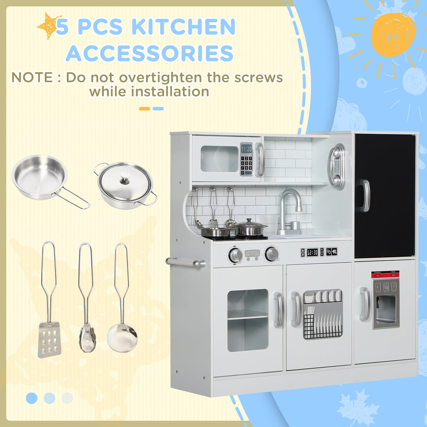 AIYAPLAY Pretend Play Kitchen, Kids Kitchen Playset, with Toy Phone, Chalkboard, Microwave, Cooking Stove, Sink, White
