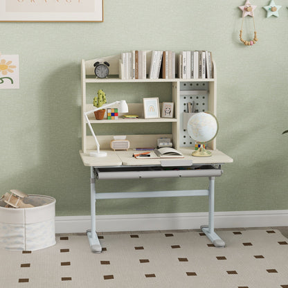 AIYAPLAY Kids Desk Height Adjustable with Tilt-Desktop, Hutch, Drawer, Storage Shelf, Pegboard, for 3-12 Years Old, Natural