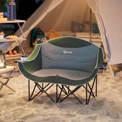 Outsunny Double Camping Chair for Adults, Oversized Heavy Duty Padded Folding Chair with Armrests, Cup Holders and Carry Bag for Outdoor Camping Hiking Picnic Fishing, 250kg Capacity, Green