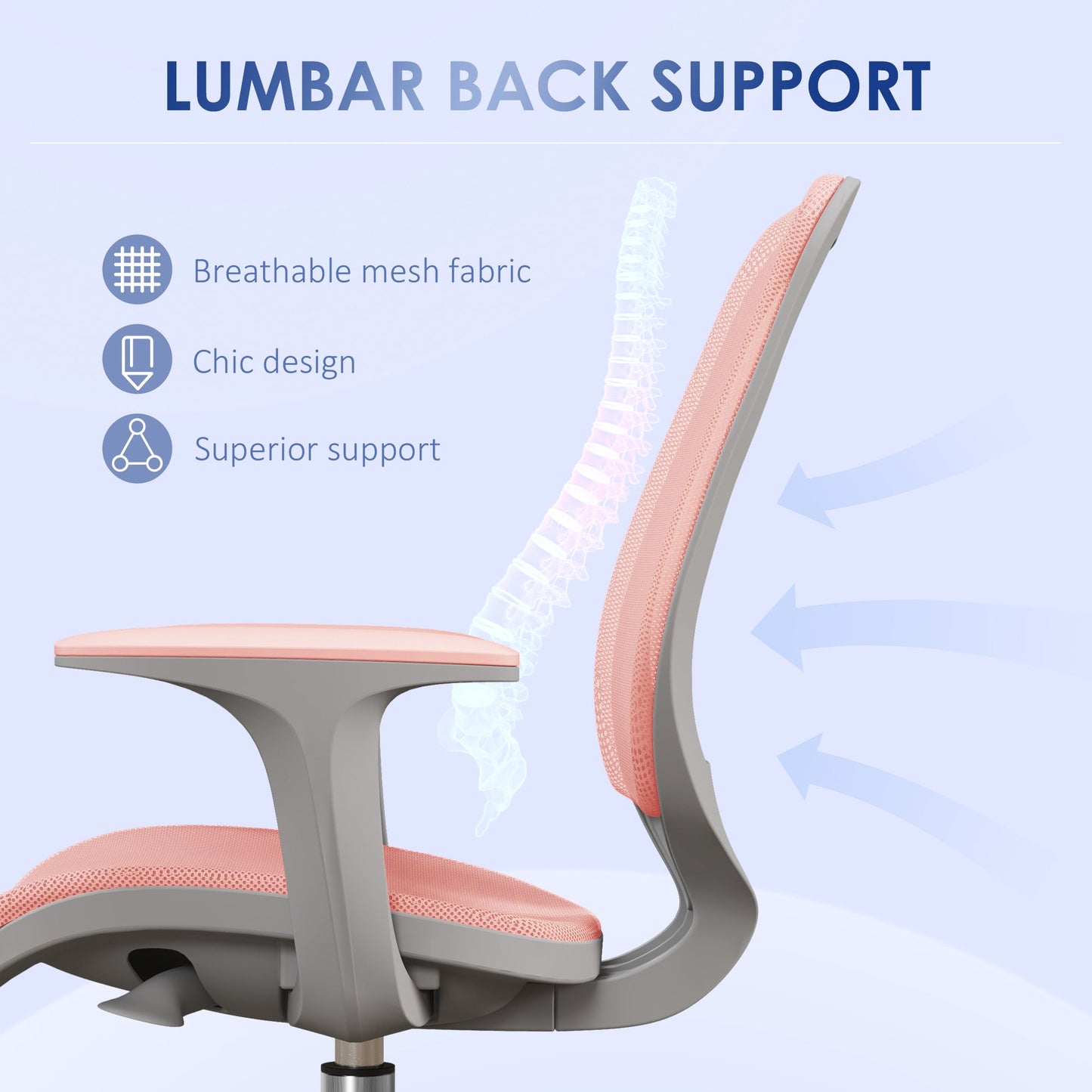 Vinsetto Office Chair, Breathable Mesh Swivel Desk Chair with Adjustable Height and  360° Swivel Security Wheels for Home Office, Study, Pink