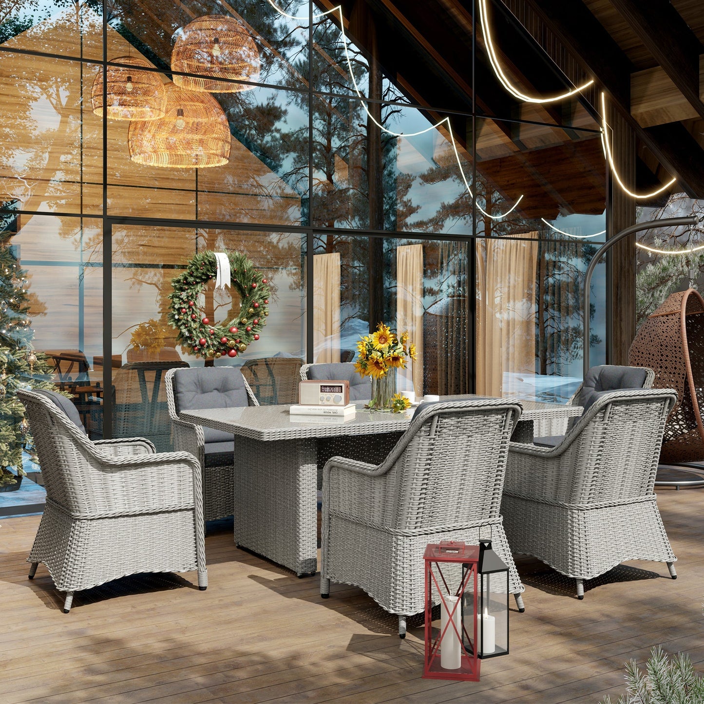 Outsunny 6 Seater Rattan Dining Set, Round PE Rattan Garden Furniture Set with Seat and Back Cushions, Aluminium Outdoor Dining Table and Chairs with 6 Armchairs, Rectangular Glass Top Table, Grey