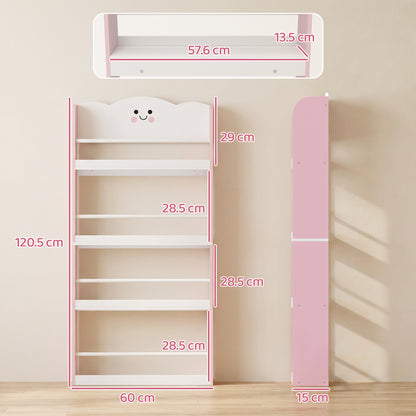 AIYAPLAY 4 Tier Kids Bookshelf, Children Bookcase with Anti-Tip Kit, Toddler Space-Saving Bookcase for Kids Room, Playroom, Pink