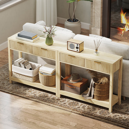 HOMCOM Modern Console Table with Fluted Panel Drawers, Narrow Hallway Table with Shelf for Entryway, Living Room, 90 x 30 x 76 cm, Natural Wood Finish