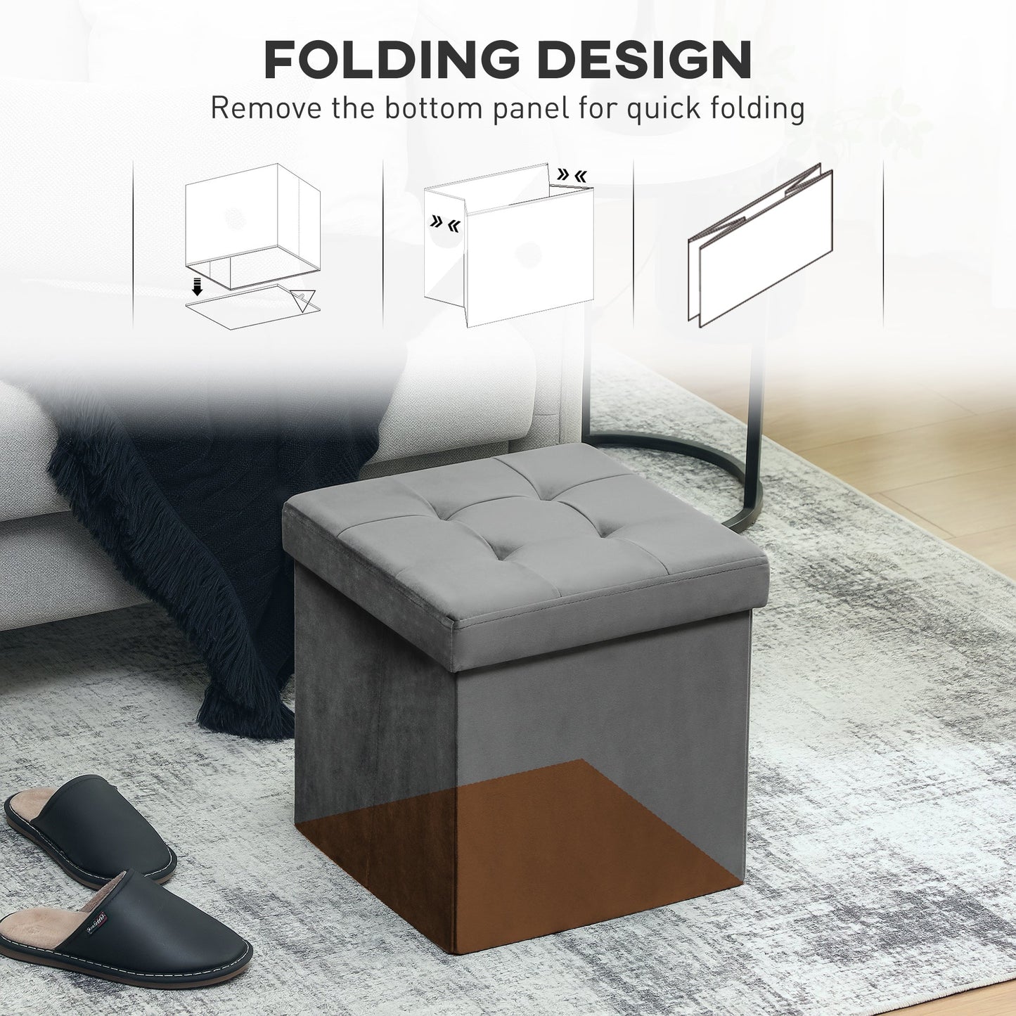 HOMCOM Foldable Velvet-Feel Storage Ottoman - Grey