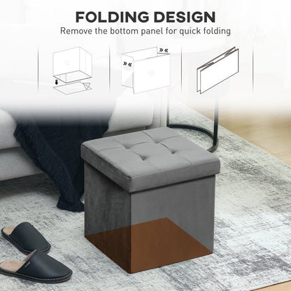 HOMCOM Foldable Velvet-Feel Storage Ottoman - Grey