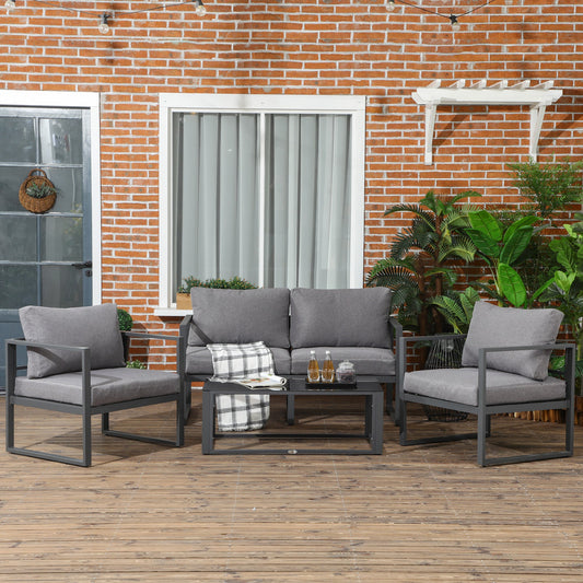 Outsunny 4 Pieces Garden Sofa Set 2 Single Armchair 1 Bench & Side Table Set Aluminium Frame Patio Furniture with Cushions Grey