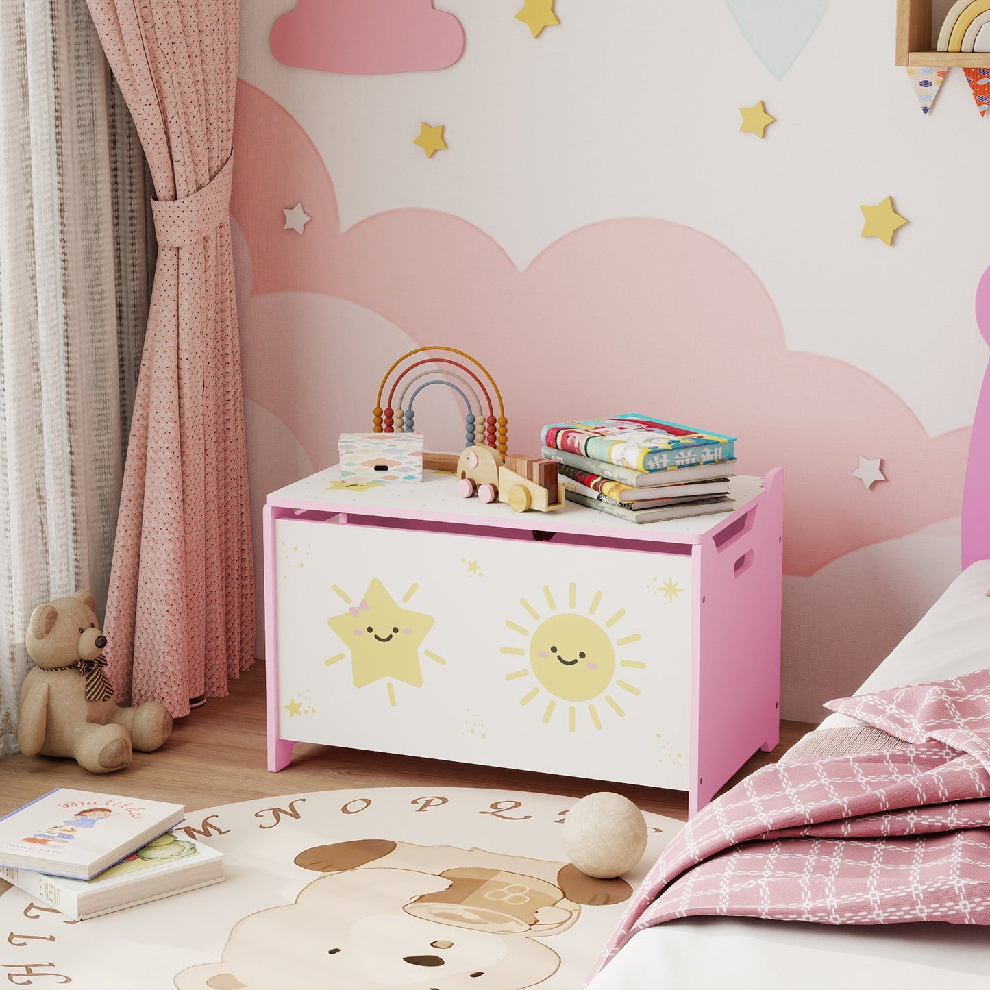 AIYAPLAY Toy Box with Lid, Safety Hinges and Groove Handles, Toy Storage organiser for Kids, Living Room, Playroom, Pink