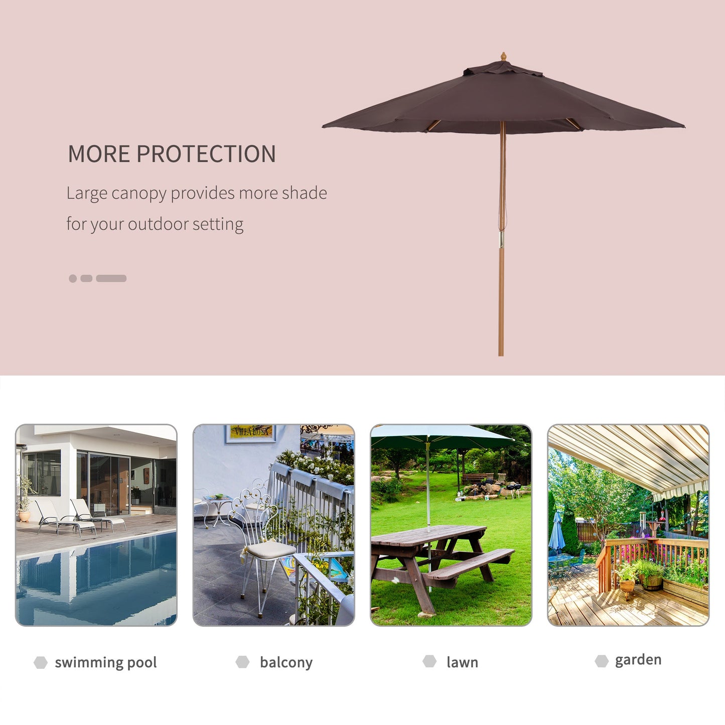 Outsunny 2.5m Wood Garden Parasol Sun Shade Patio Outdoor Wooden Umbrella Canopy Coffee