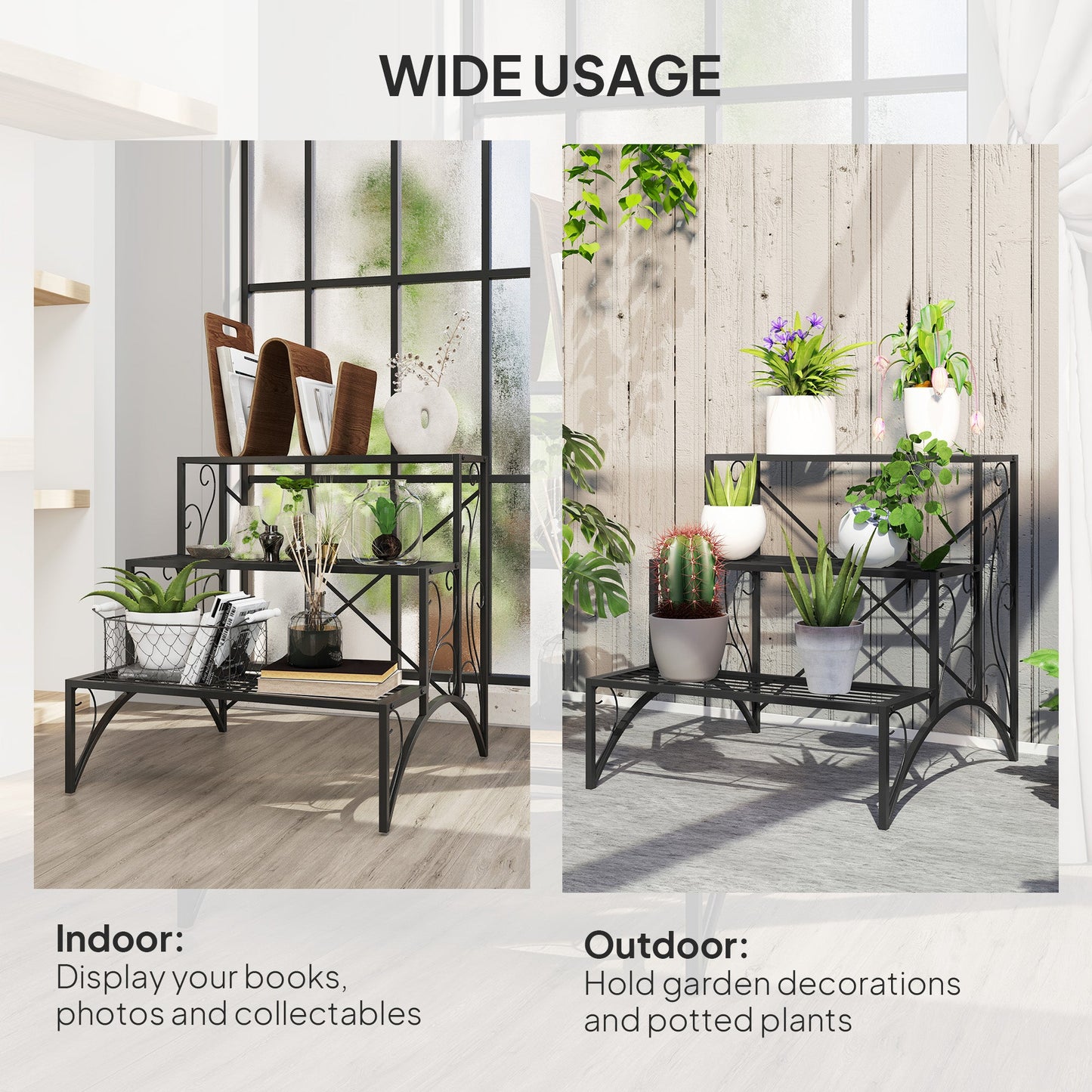 Outsunny Three-Tier Decorative Metal Plant Stand - Black