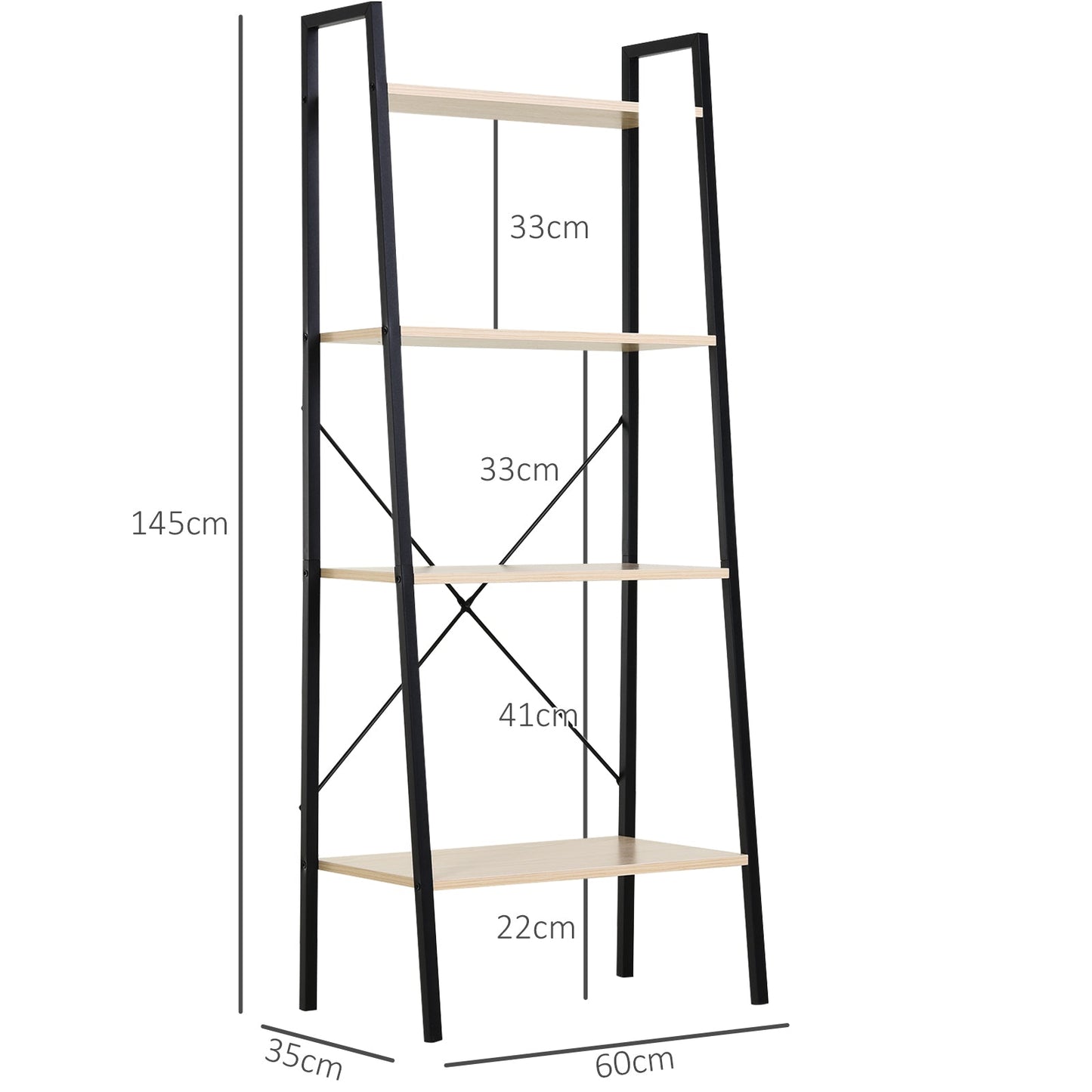 HOMCOM Bookcase 4-Tier Vintage Ladder Shelf with Wood Storage Rack, Stand Plants Display, Black and Natural