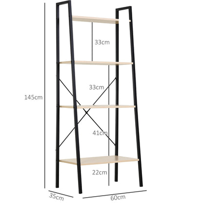 HOMCOM Bookcase 4-Tier Vintage Ladder Shelf with Wood Storage Rack, Stand Plants Display, Black and Natural