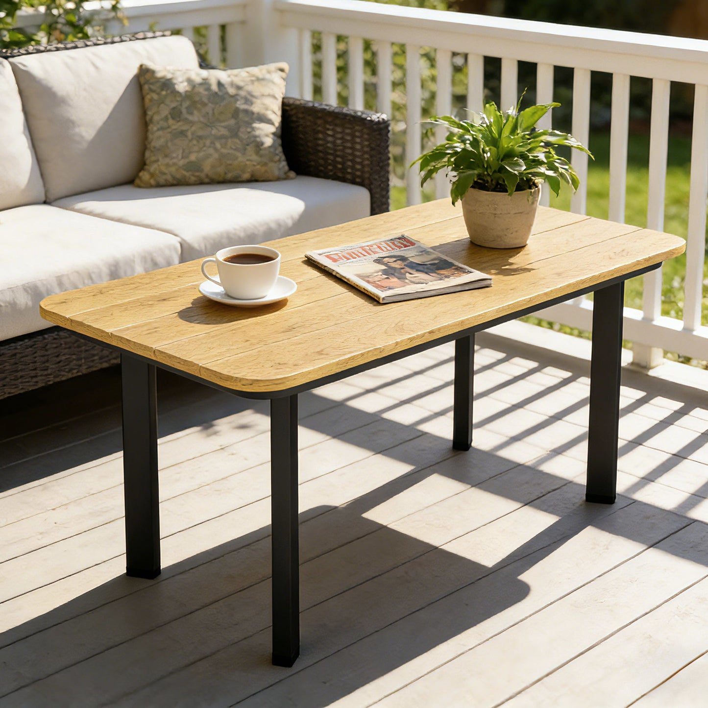 Outsunny Outdoor Garden Coffee Table, Garden Table with Slatted Wood Plastic Composite Top and Metal Frame, Brown