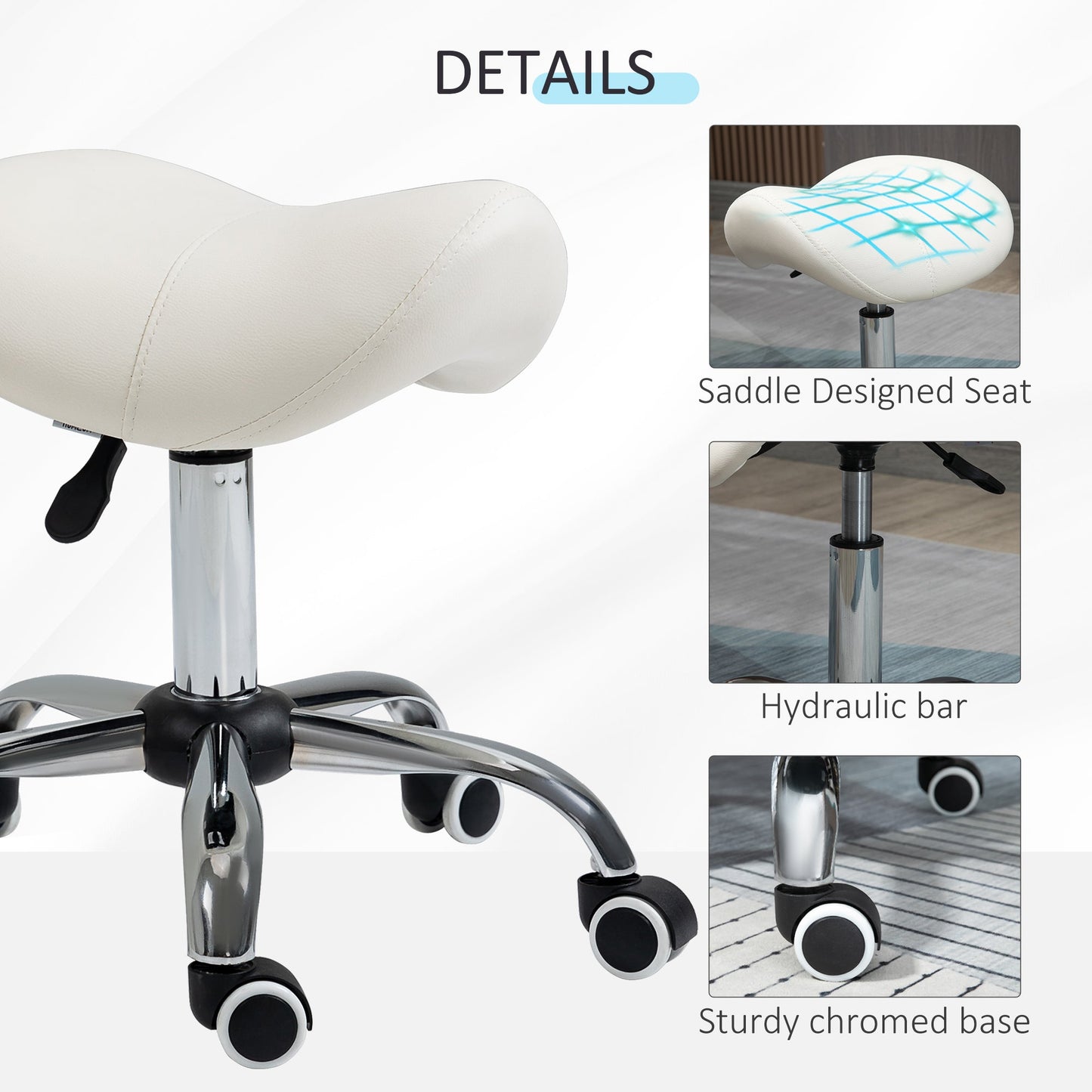 HOMCOM Cosmetic Stool 360\'c2\'b0 Rotate Height Adjustable Salon Massage Spa Chair Hydraulic Rolling Faux Leather Saddle Stool, Cream