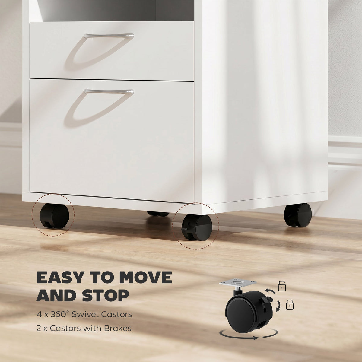 HOMCOM Filing Cabinet, Mobile File Cabinet with 2 Lockable Drawers, Office Home Organiser on Wheels for A4, Letter-Size File Folders, Mobile Printer with Open Shelf, White