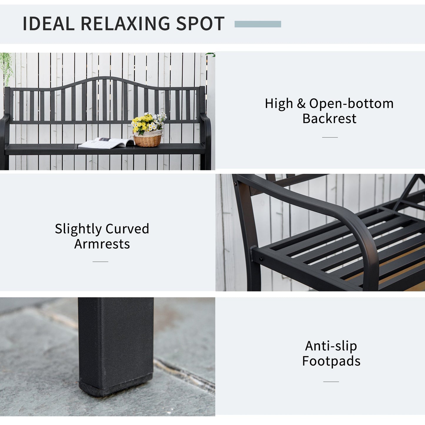 Outsunny Metal Outdoor Bench with Liftable Middle Table, Patio Loveseat, Garden Bench for Garden, Porch, Seats 2–3 People, Black