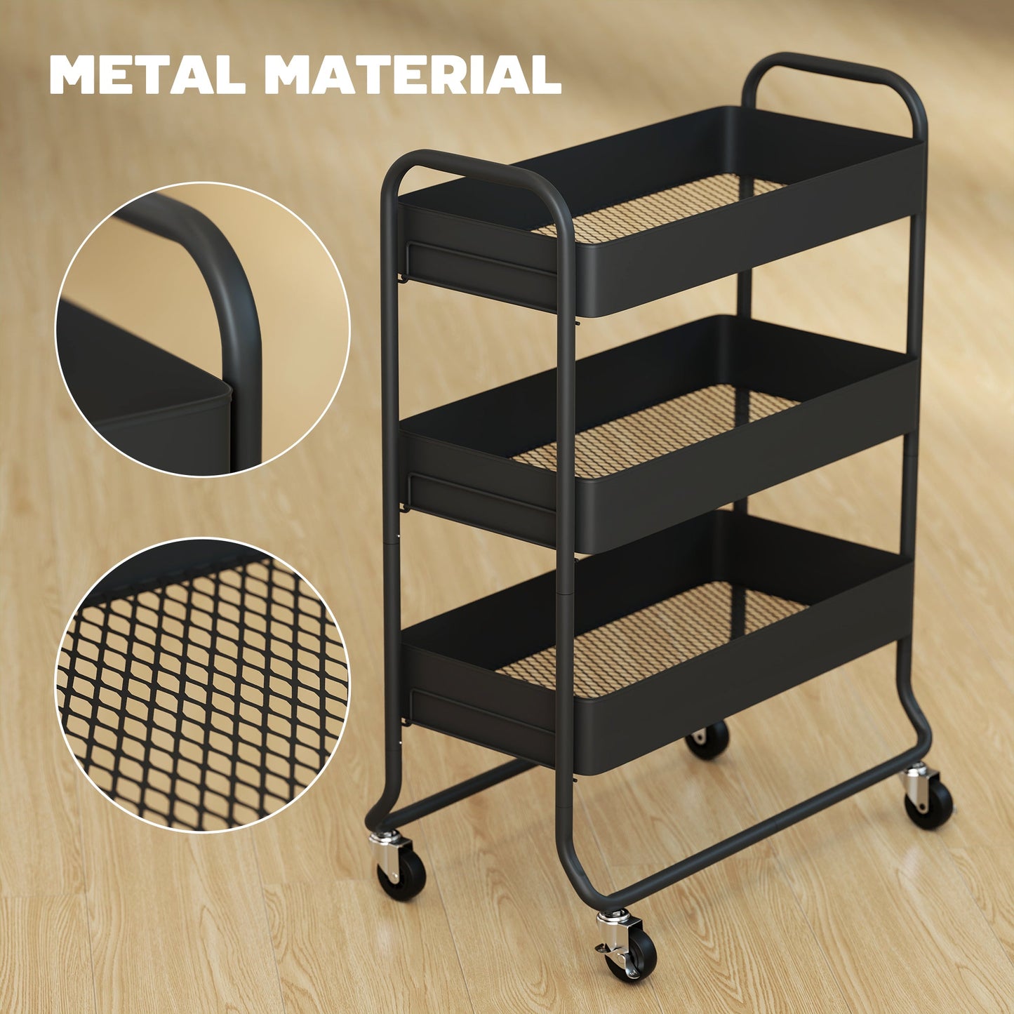 HOMCOM 3-Tier Storage Trolley on Wheels, Rolling Utility Cart with Mesh Backets for Kitchen, Bathroom, Bedroom, Black