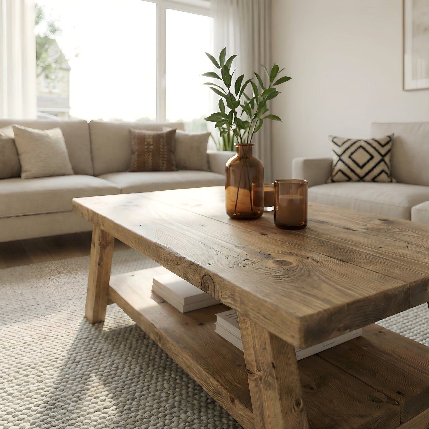 OSSO Rustic Wooden Coffee Table With Shelf